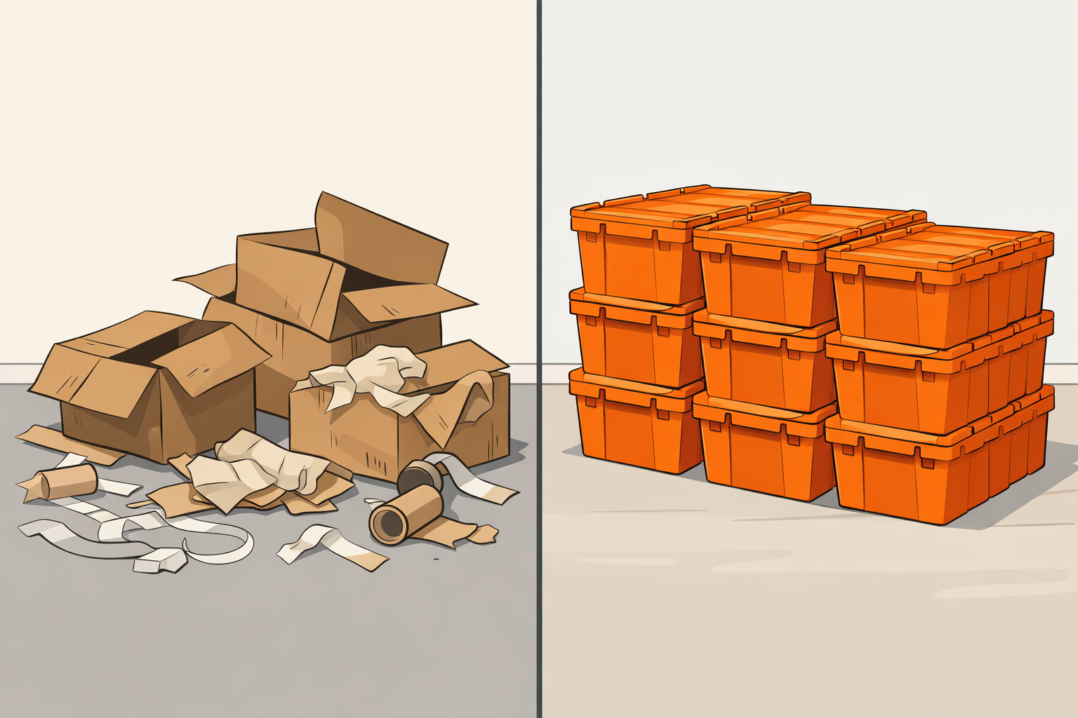 Comparison of cardboard boxes versus ToteFlow reusable totes